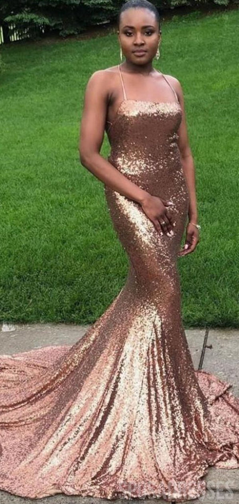 Sexy Mermaid Sleeveless Halter Gold Sequin Long Bridesmaid Dresses Online, WG886