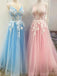 Beautiful A-line Tulle Applique Long Prom Dresses, Sweet 16 Prom Dresses, 12516