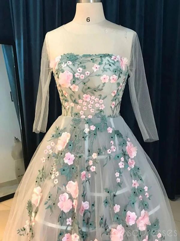 A-line Long Sleeves Applique Long Prom Dresses, Sweet 16 Prom Dresses, 12470