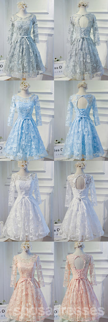 Long Sleeve Grey Lace Modest Homecoming Prom Dresses, Affordable Short Party Prom Dresses, Perfect Homecoming Dresses, CM296