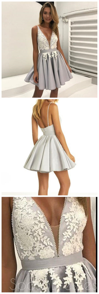 Gray V Neckline Lace Short Homecoming Prom Dresses, Cheap Party Prom Sweet 16 Dresses,  CM374