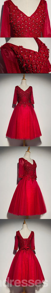 Modest Long Sleeve Red Lace Cute Homecoming Prom Dresses, Affordable Short Party Prom Dresses, Perfect Homecoming Dresses, CM310