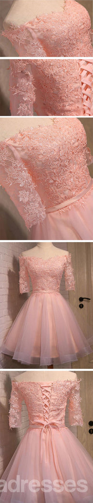 Off Shoulder Short Sleeve Pink Lace Cute Homecoming Prom Dresses, Affordable Short Party Prom Dresses, Perfect Homecoming Dresses, CM306
