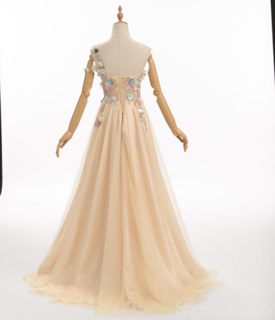 Flower Shoulder Side Slit Cute Long Evening Prom Dresses, Evening Party Prom Dresses, 12224