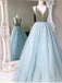 Light Blue Backless A line Evening Prom Dresses, Sexy Deep V neckline Party Prom Dress, 17048
