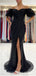 Black Mermaid Off Shoulder High Slit Cheap Long Prom Dresses,12942