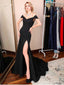 Simple Black Mermaid High Slit Off Shoulder Long Party Prom Dresses,12545