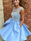 Open Back Blue Cap Sleeve Heavily Beaded Bateau Cute Homecoming Dresses 2018, CM472