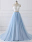 V Neck Lace Straps A line Blue Skirt Long Evening Prom Dresses, 17554
