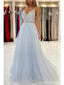 Elegant Blue A-line Spaghetti Straps V-neck Maxi Long Party Prom Dresses,13279