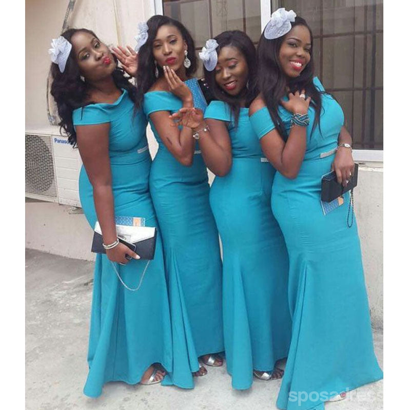 Simple Blue Mermaid Off Shoulder Cheap Long Bridesmaid Dresses,WG1401