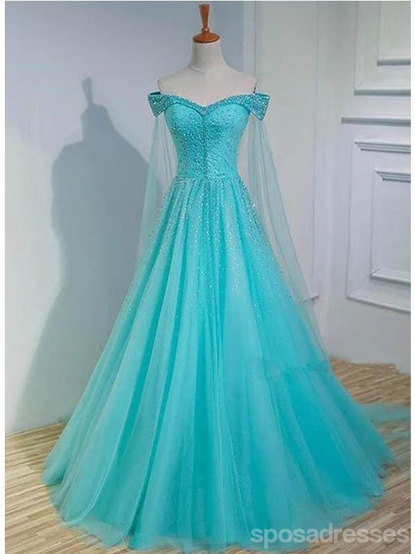 Sparkly Blue A-line Off Shoulder Long Prom Dresses Online, Dance Dresses,12710