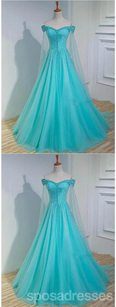 Sparkly Blue A-line Off Shoulder Long Prom Dresses Online, Dance Dresses,12710