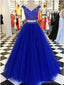 Two Pieces Blue A-line Off Shoulder V-neck Cheap Long Prom Dresses Online,12595