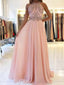 Blush Pink Halter Beaded Chiffon Long Evening Prom Dresses, Cheap Sweet 16 Dresses, 18349