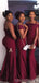 Sexy Mermaid Burgundy Off The Shoulder Cheap Bridesmaid Dresses Gown Online, WG1044