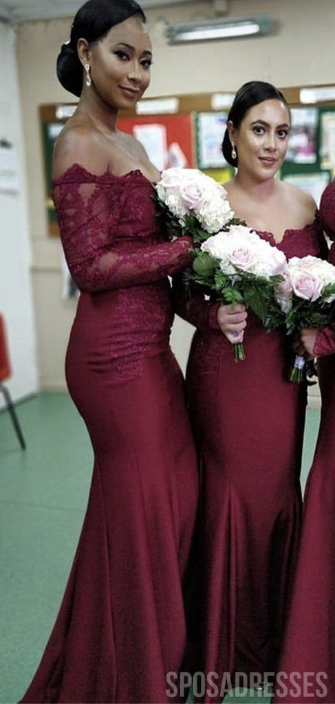Sexy Mermaid Burgundy Long Sleeves Lace Applique Sweetheart Bridesmaid Dresses Online,WG973