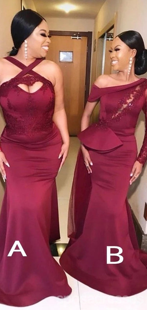Mismatched Burgundy One shoulder Mermaid Cheap Long Bridesmaid Dresses Gown Online,WG1100