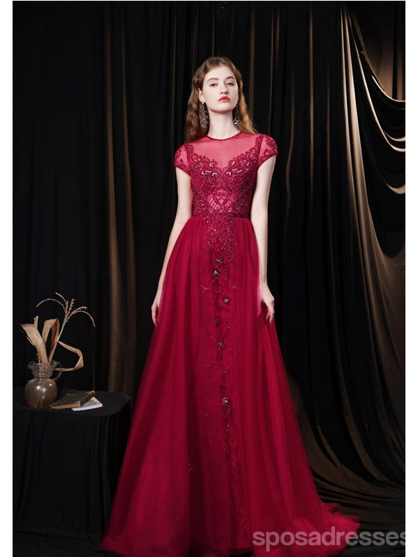 See Through Burgundy A-line Short Sleeves Long Prom Dresses Online,12766