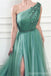 Green A-line One Shoulder High Slit Cheap Long Prom Dresses Online,12860