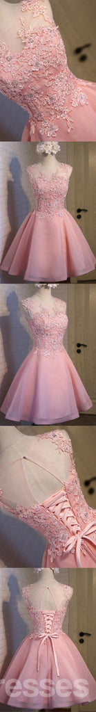 Pink See Through Lace Cute Homecoming Prom Dresses, Affordable Short Party Prom Dresses, Perfect Homecoming Dresses, CM308