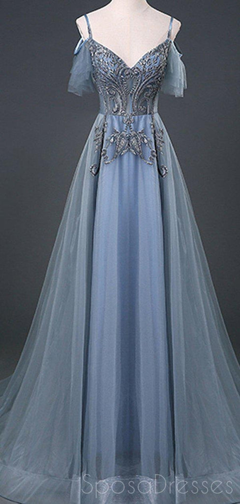 Spaghetti Straps Grey Blue Lace Beaded Cheap Long Evening Prom Dresses, Evening Party Prom Dresses, 18642