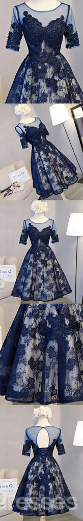 Short Sleeve Navy Lace Open Back Homecoming Prom Dresses, Affordable Short Party Prom Dresses, Perfect Homecoming Dresses, CM298