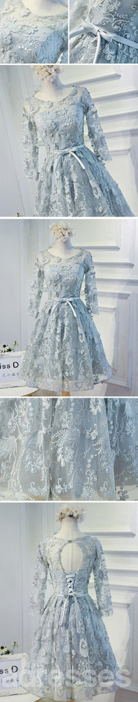 Long Sleeve Grey Lace Modest Homecoming Prom Dresses, Affordable Short Party Prom Dresses, Perfect Homecoming Dresses, CM296