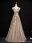 Champagne A-line V-neck Cheap Long Prom Dresses Online,12639