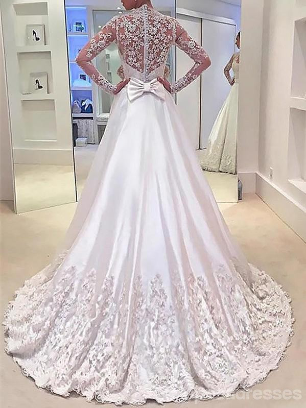 See Through Lace Long Sleeves A-line Wedding Dresses Online, Cheap Lace Bridal Dresses, WD451