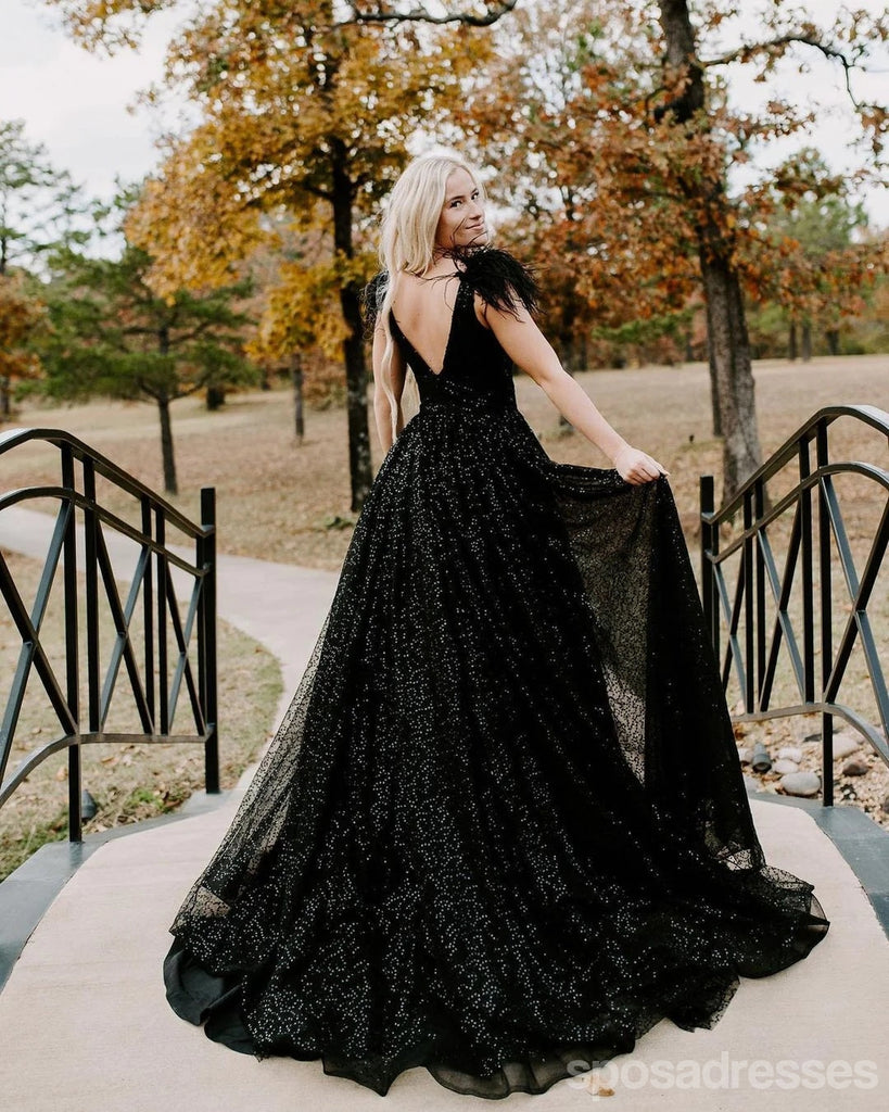 Sparkly Black A-line V-neck Maxi Long Party Prom Dresses Online,13278