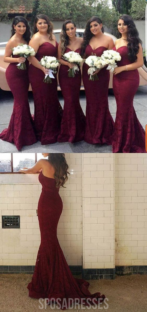 Sexy Mermaid Sweet Heart Dark Red Lace Cheap Long Bridesmaid Dresses, BD100