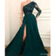 Emerald Green A-line Long Sleeves One Shoulder High Slit Prom Dresses Online,12729