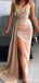 Rose Gold Mermaid Strapless High Slit Cheap Long Prom Dresses,13082
