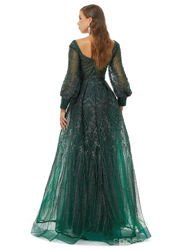 Green A-line Jewel Long Sleeves Prom Dresses Online, Evening Party Dresses,12779