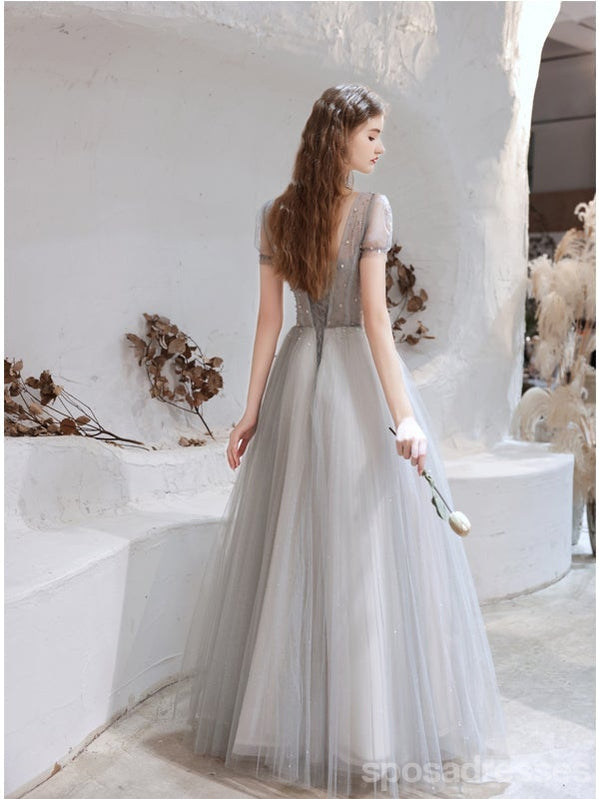 Short Sleeves A-line V-neck Long Prom Dresses Online,Evening Party Dresses,12762