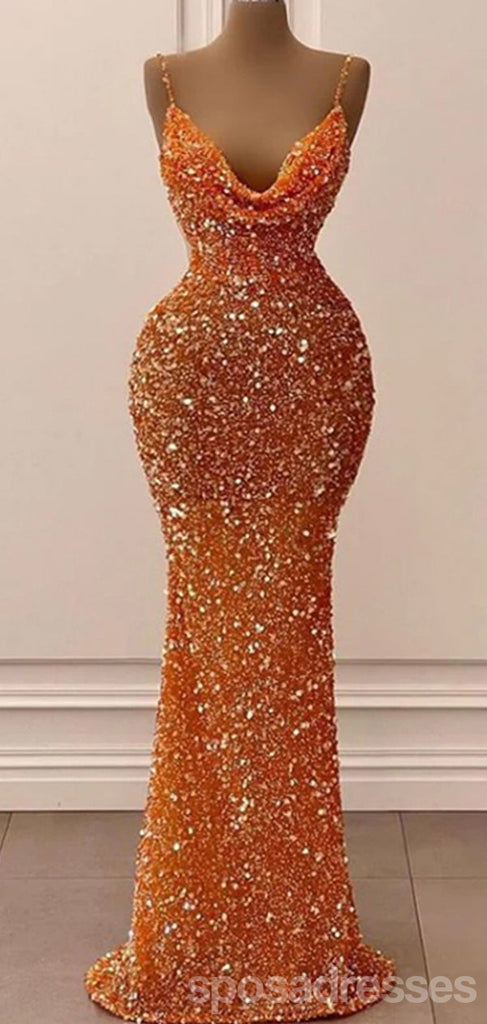 Sexy Orange Mermaid Spaghetti Straps Sleeveless Cheap Long Prom Dresses,13084