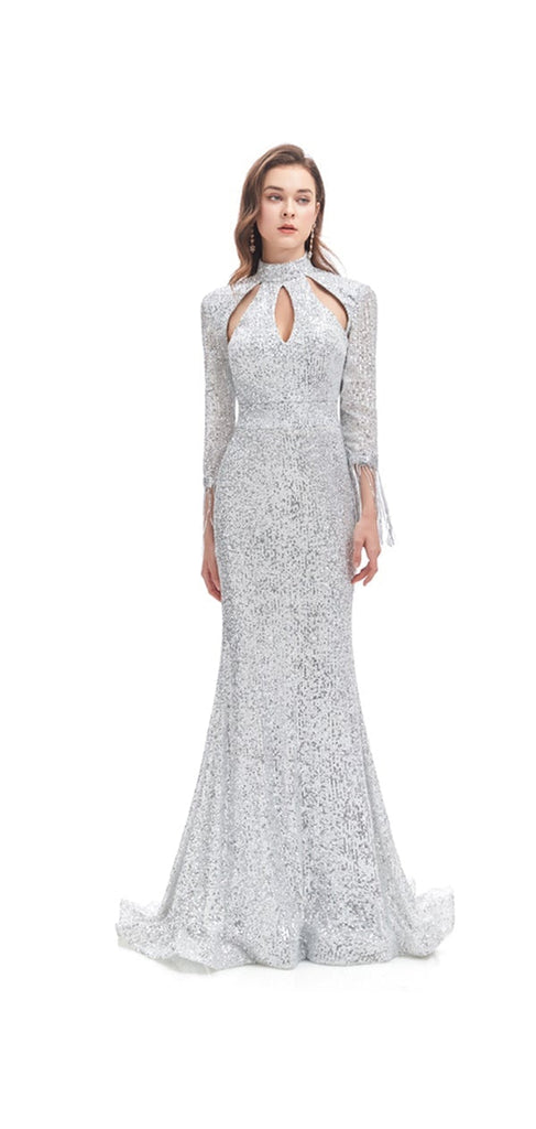 Silver Mermaid 3/4 Sleeves Cheap Prom Dresses Online,Evening Party Dresses,12769