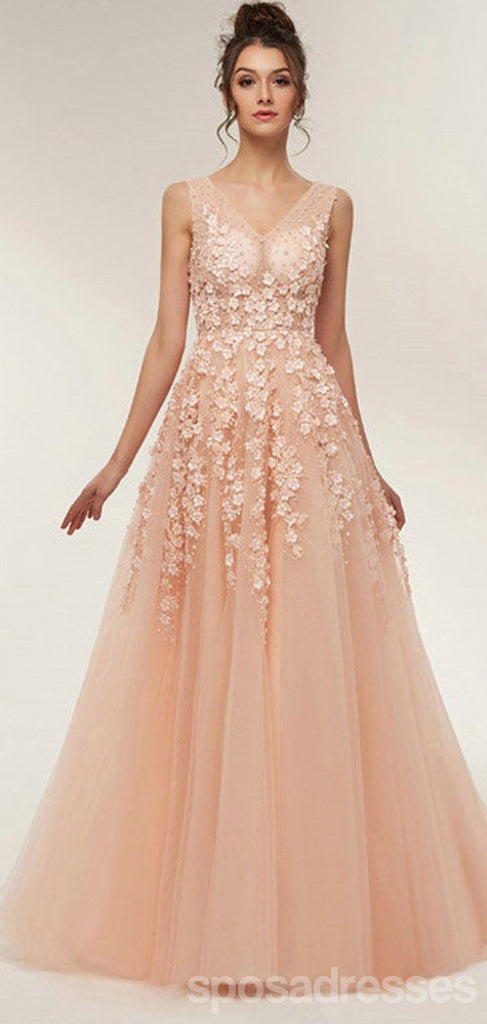 Floral Champagne A-Line Jewel Sleeveless Long Prom Dresses Online,Dance Dresses,12634