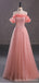 Cute Pink A-line Off Shoulder Cheap Long Prom Dresses Online,12997