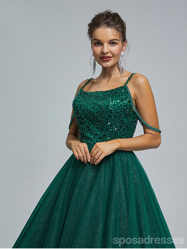Green A-line Spaghetti Straps Cheap Long Prom Dresses Online,12996