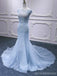 Blue Mermaid Cap Sleeves Beading Long Lace Applique Party Prom Dresses Online,12559