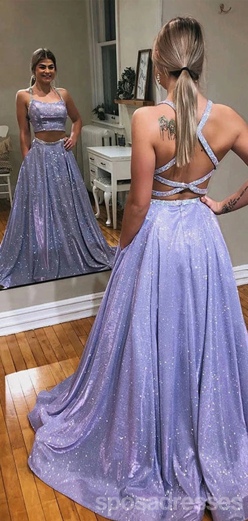 Shiny Purple A-line Two Pieces Backless Cheap Long Prom Dresses,12834