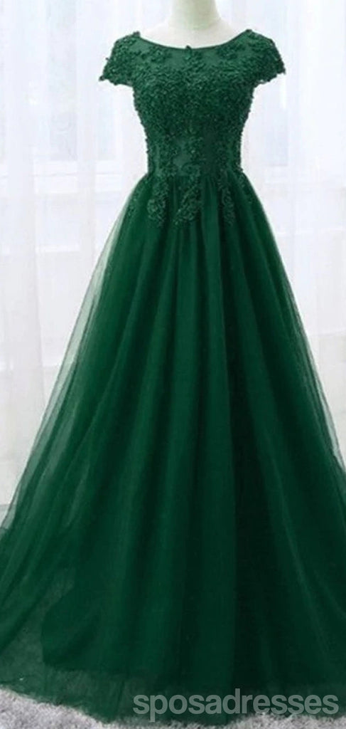 Emerald Green A-line Short Sleeves Jewel Cheap Long Prom Dresses,12884