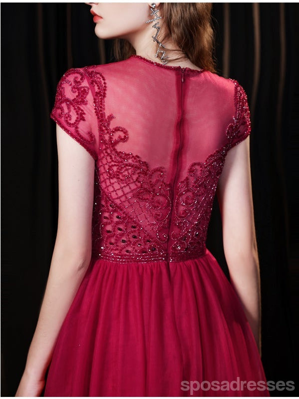 See Through Burgundy A-line Short Sleeves Long Prom Dresses Online,12766