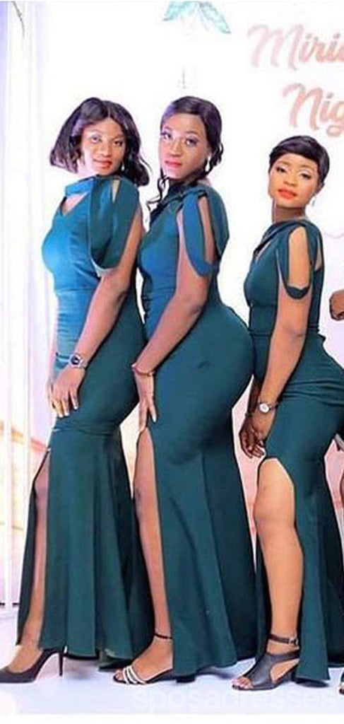 Sexy Teal Mermaid High Slit Cheap Long Bridesmaid Dresses,WG1390