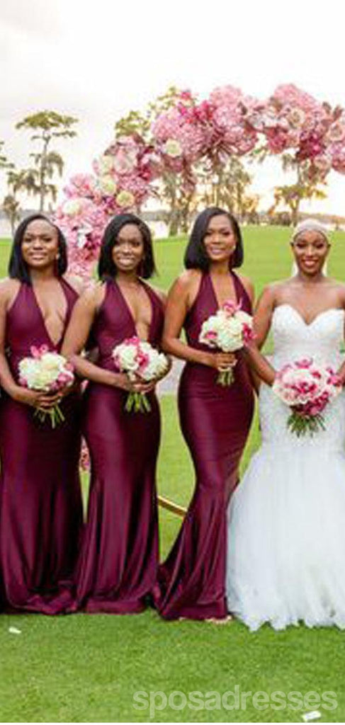 Sexy Burgundy Mermaid Halter V-neck Cheap Long Bridesmaid Dresses,WG1479