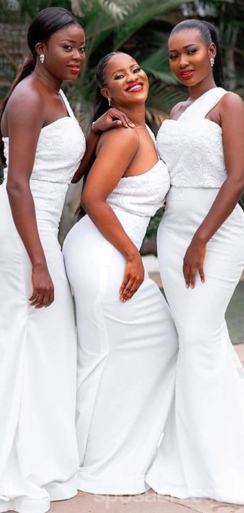 Simple White Mermaid One Shoulder Long Lace Bridesmaid Dresses,WG1235