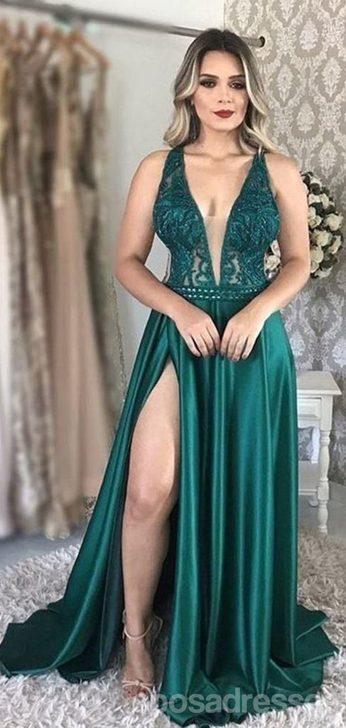 Green A-line V-neck High Slit Cheap Long Prom Dresses,Evening Party Dresses,12915