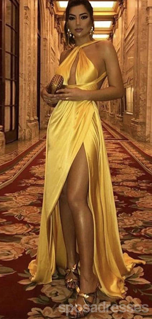 Gold Sheath Halter High Slit Cheap Long Prom Dresses Online,12924